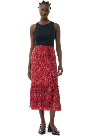 Ganni Red Pleated Georgette Flounce Midi Skirt in Size 4 Polyester Women