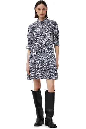 Ganni Printed Cotton Poplin Mini Shirt Dress in Egret Size 8 Women