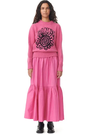 Ganni Pink Cotton Poplin Long Flounce Skirt in Size 8 Women