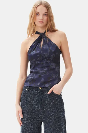 Ganni Dark Blue Floral Printed Top in Size 8 Spandex/Viscose Women