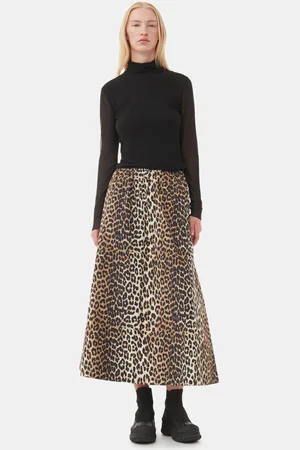 Ganni Leopard Printed Elasticated Maxi Skirt Size 8 Organic Cotton Women