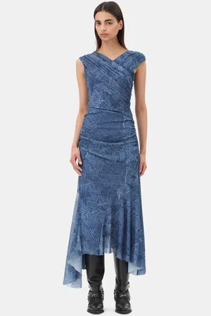 Ganni Mesh Ruched Dress in Denim Size 10 Polyester Women