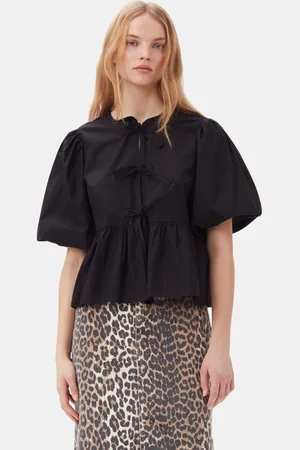 Ganni Cotton Poplin Peplum Tie Blouse in Size 10 Women