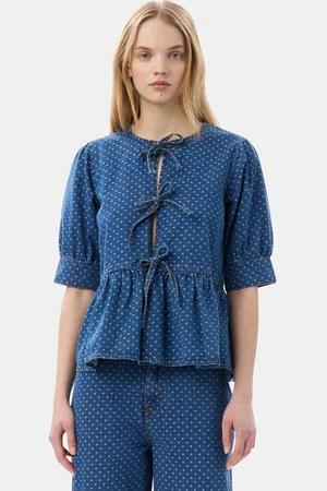 Ganni Blue Polka Dot Denim Peplum Blouse in Size 4 Organic Cotton Women