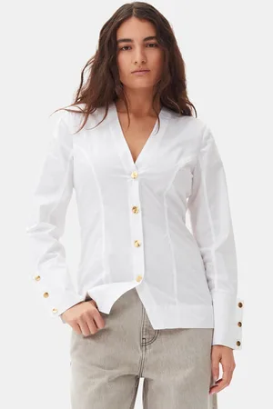 Ganni Cotton Poplin V-neck Shirt in Bright Size 6 Women