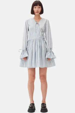 Ganni Blue Stripe Cotton Mini Wrap Dress Size 4 Women