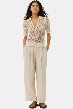 Ganni Beige Textured Suiting Mid Waist Trousers in Oyster Gray Size 42 Polyester Women