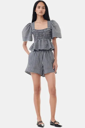 Ganni Seersucker Check Elasticated Shorts in Egret Size 50 Women