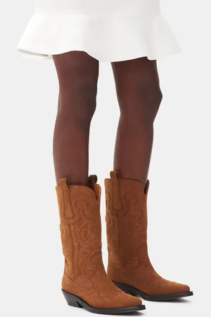 Ganni Suede Mid Shaft Embroidered Western Boots in Tobacco Responsible Size 3 Women
