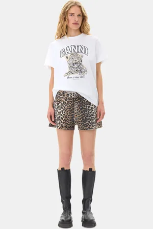 Ganni Leopard Denim Shorts Size 28 Women