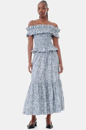Ganni Blue Floral Printed Cotton Maxi Flounce Skirt in Size 12 Women