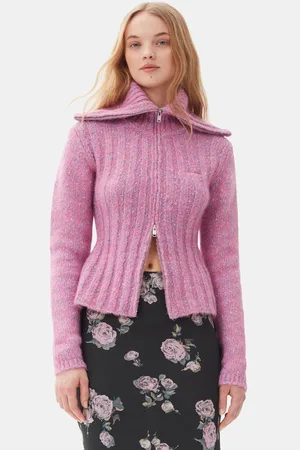Ganni Pink Highneck Zip Cardigan in Size Small Alpaca/Elastane/Organic Cotton Women