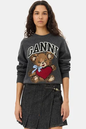 Ganni Dark Grey Graphic Bear Jumper in Gray Quill Size Large Nylon/Polyester/Polyamide Women