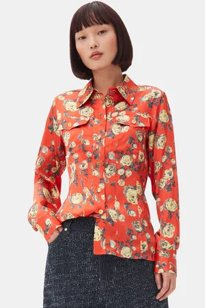 Ganni Orange Floral Printed Satin Shirt in Size 10 Spandex/Viscose Women