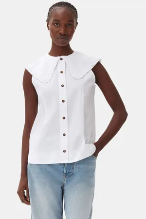 Ganni Cotton Poplin Sleeveless Frill Collar Shirt in Bright Size 4 Women