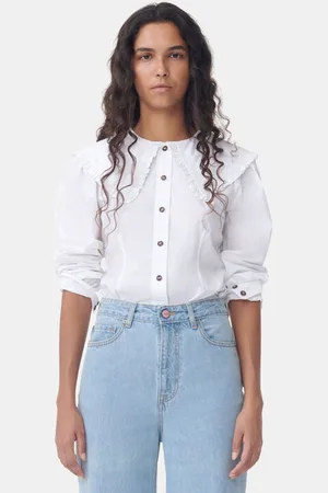 Ganni Long Sleeve Frill Collar Poplin Shirt in Bright Size 4 Cotton Women