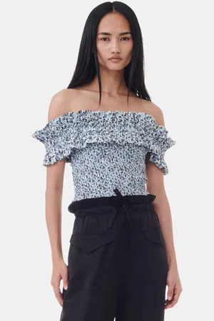 Ganni Blue Floral Printed Cotton Off-shoulder Smock Top in Size 14 Women