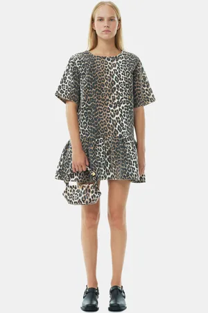 Ganni Leopard Open-back Mini Denim Dress Size 10 Women