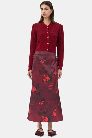 Ganni Red Printed Satin Maxi Skirt in Size 4 Women