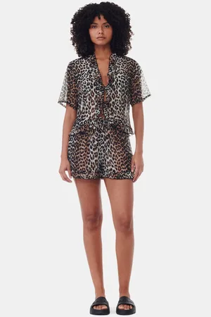 Ganni Leopard Printed Chiffon Ruffle Shorts Size 34 Polyester Women