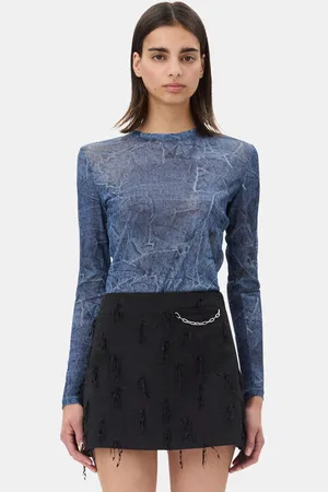 Ganni Printed Mesh Long Sleeve Blouse in Denim Size 8 Polyester Women