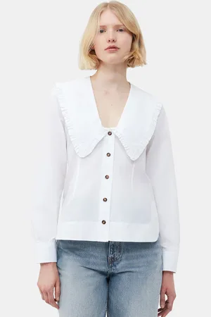 Ganni Long Sleeve Cotton Poplin V-neck Frill Collar Shirt in Bright Size 8 Women