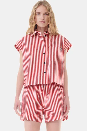 Ganni Red Stripe Cotton Tie Collar Shirt in Size 12 Women