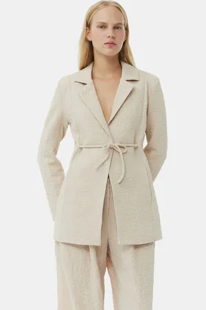 Ganni Beige Textured Suiting Tie String Blazer Jacket in Oyster Gray Size 16 Polyester Women