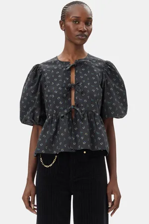 Ganni Printed Cotton Peplum Blouse Size 8 Women