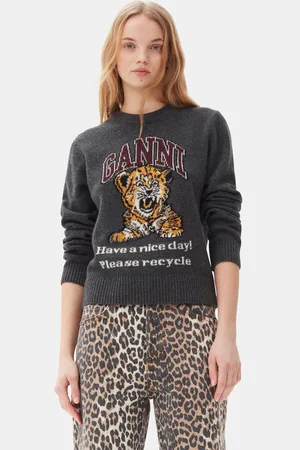Ganni Dark Grey Graphic Tiger Jumper in Gray Quill Size 3XL Polyamide/Polyamide/Wool Women