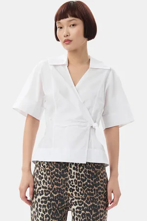 Ganni Cotton Poplin Wrap Blouse in Bright Size 4 Women