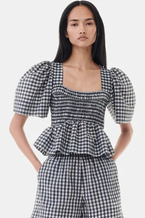 Ganni Seersucker Check Open-neck Smock Blouse in Egret Size 16 Women