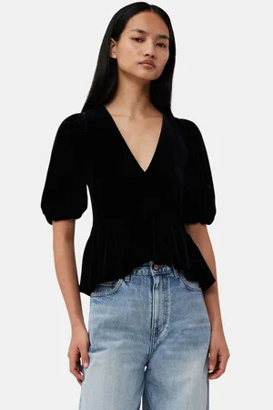 Ganni Velvet Jersey V-neck Blouse in Size 10 Women