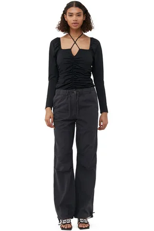 Ganni Long Sleeve Shiny Crepe Jersey Ruched Blouse in Size 8 Women