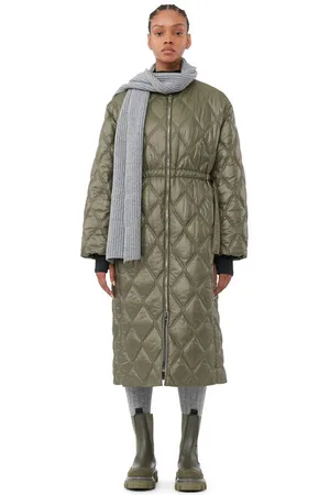Ganni Long Sleeve Shiny Quilt Long Coat in Kalamata Size Small/Medium Nylon Women