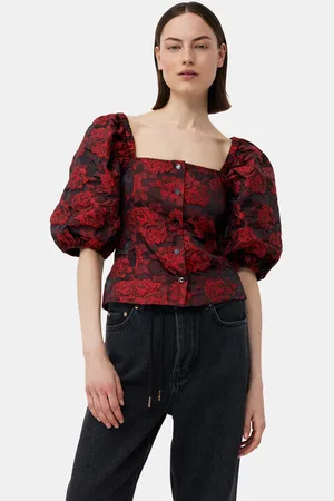 Ganni Red Botanical Jacquard Fitted Blouse in Size 12 Women