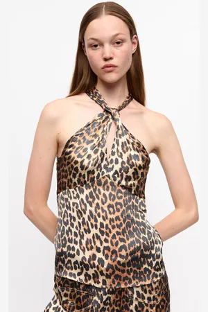 Ganni Leopard Print Satin Top Size 10 Spandex/Viscose Women