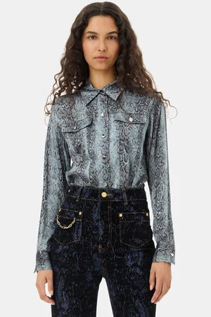 Ganni Blue Snake Printed Shirt in Size 8 Spandex/Viscose Women