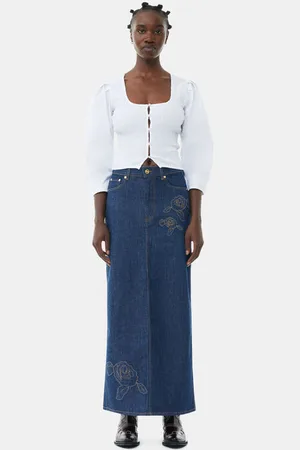 Ganni Denim Rose Maxi Skirt in Rinse Size 18 Women
