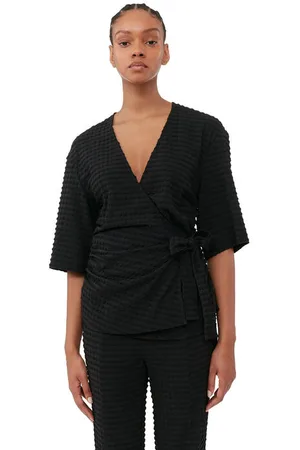 Ganni Short Sleeve Stretch Seersucker Wrap Blouse in Size 4 Elastane/Nylon/Polyester Women