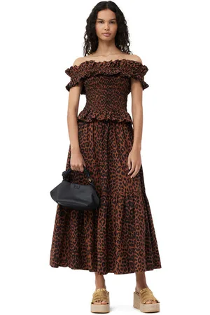 Ganni Cotton Poplin Maxi Flounce Skirt in Toffee Size 6 Women