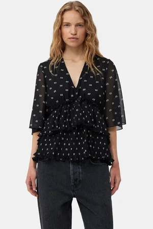 Ganni Pleated Georgette V-neck Flounce Blouse in Size 4 Polyester Women