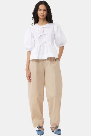 Ganni Beige Elasticated Curve Trousers in Size 34 Women