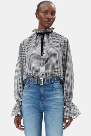 Ganni Sheer Check Tie String Shirt in Size 6 Polyester Women