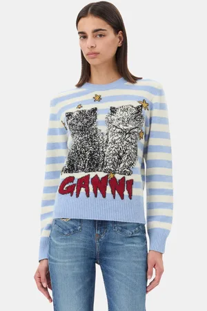 Ganni Blue Striped Graphic Cat Jumper in Size 2XL Polyamide/Polyamide/Wool Women
