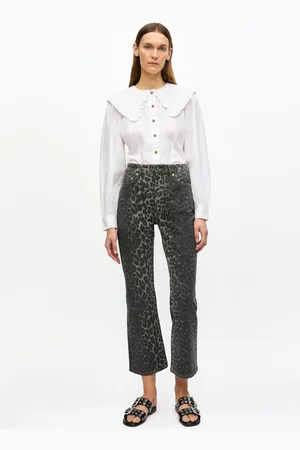 Ganni Grey Leopard Betzy Cropped Jeans in Gray Pinstripe Size 26 Women