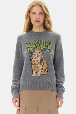 Ganni Grey Graphic Bunny Jumper in Frost Gray Size Large Women