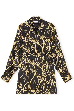 Ganni Long Sleeve Silk Stretch Satin Panel Shirt Wrap Mini Dress in Size 8 Women