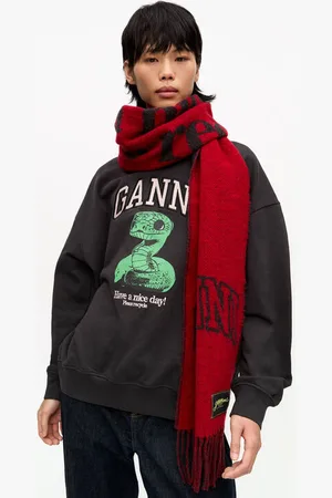 Ganni Red Graphic Wool Scarf in Women