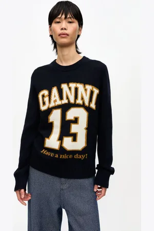 Ganni Dark Blue Graphic Wool Mix Baseball Jumper in Sky Captain Size Small Women